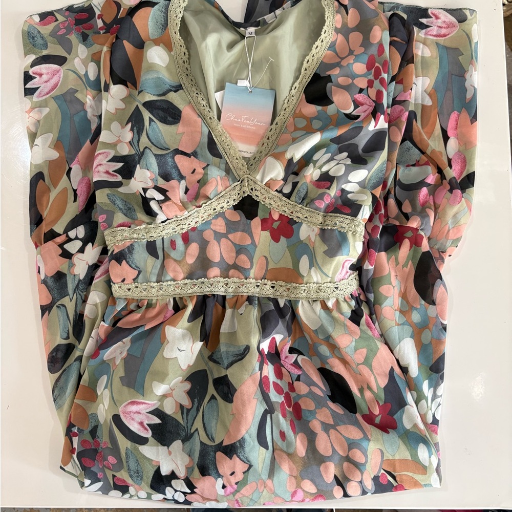 Floral V-Neck Women’s Top with Lace Trim - Multi Pink/Green